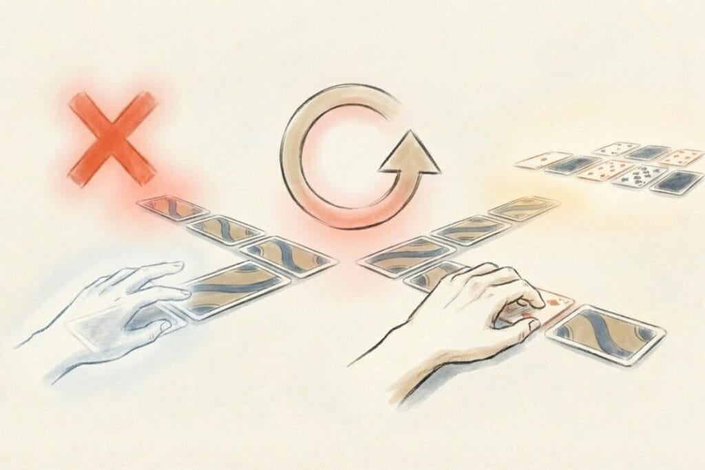 誤った手を×で示し、円形矢印で戻す図。アンドゥで手順を戻して詰みを回避するソリティア1枚めくりの裏技イメージ