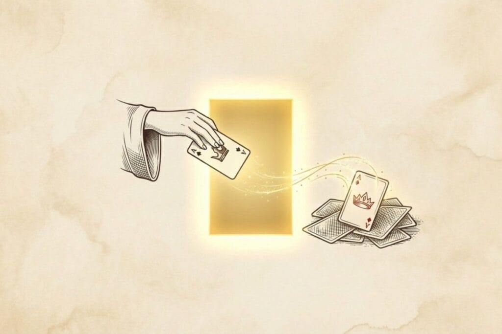 空いた列を示す光る枠に向けてカードを移動する手元。キングを空列に置くタイミング判断の重要性を示す