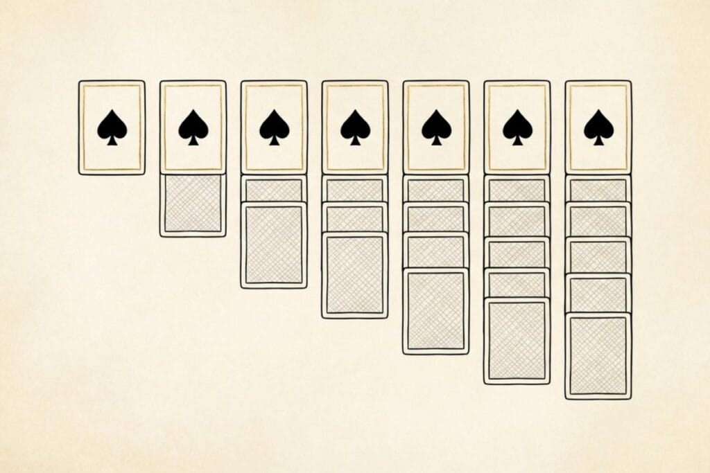 ソリティア（クロンダイク）の初期配置例：7列の場札に表向き1枚＋裏向きカードを段状に並べる図