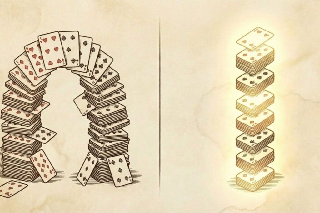 崩れた積み上げと整った縦積みを左右に対比。詰み回避と効率化でソリティアのスコアを伸ばす考え方