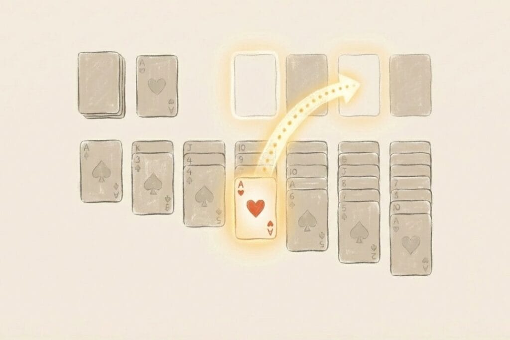 ソリティアの盤面でエースを組札へ移動する矢印図。基本ルールと勝ち筋を示す