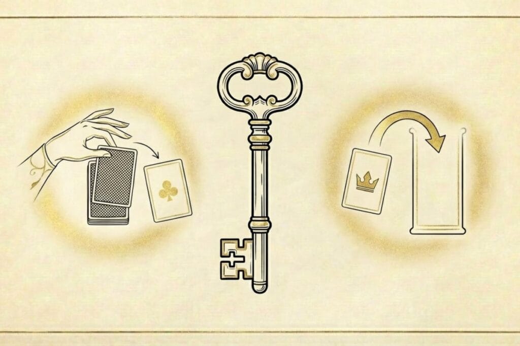 攻略の要点を示すイラスト：山札からめくる動作と、空き列へキングを移動する手順を鍵のモチーフで表現
