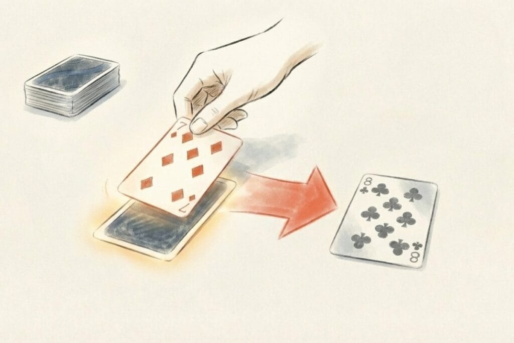 7のダイヤを8のクラブへ矢印で移動する図。色違いで1つ小さい数字に重ねるソリティア1枚めくりの基本ルールを説明