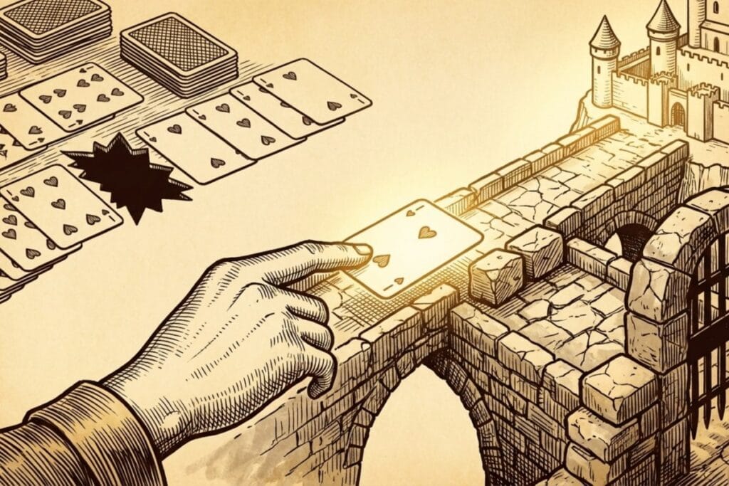 ソリティアの場札と山札を前に、手がカードを動かして道を開くイメージ。勝率を上げる基本戦略を示す