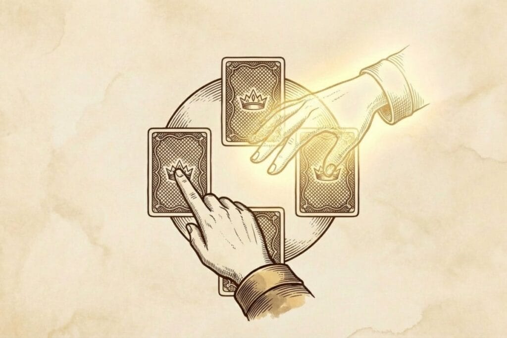 円形に並ぶ裏向きカードを手が選んで操作する場面。ヒントやUndoなどアプリ機能で効率化するイメージ