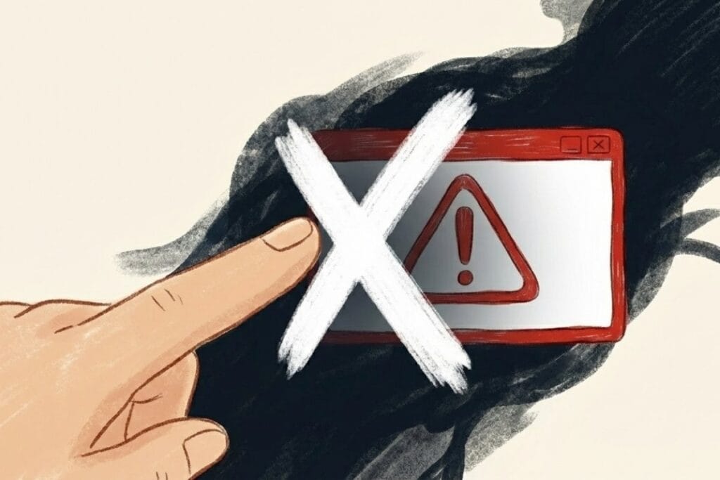 ウイルス感染を装う警告ポップアップを×で閉じる指のイラスト。偽警告が出たときの対処