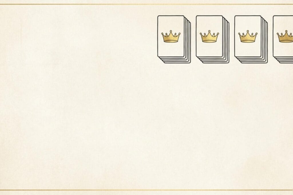 組札4列がそろった状態のイラスト：ソリティアのクリア条件（各スートを完成させるイメージ）