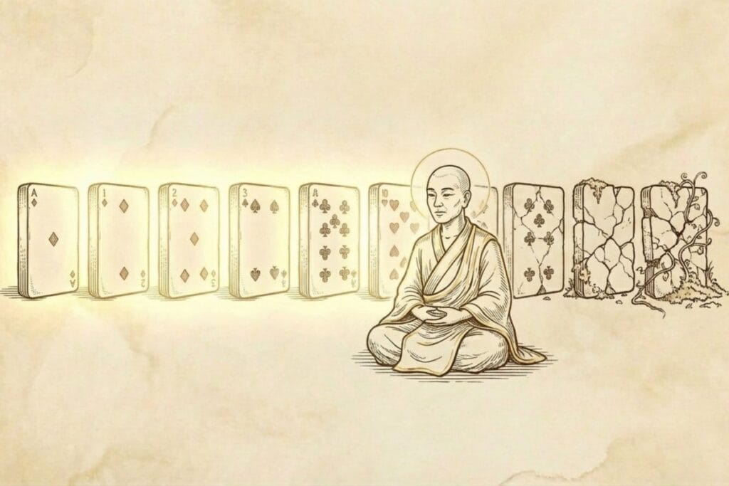 並ぶカードの進行と、途中で傷んだカードを前に座る人物。勝てない配りもある前提でメンタルを整える意図