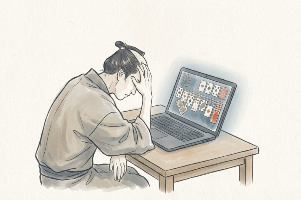ノートPCでソリティアを表示し、悩みながら操作する人物。Google版など無料ソリティアアプリをPCで遊ぶ場面のイメージ