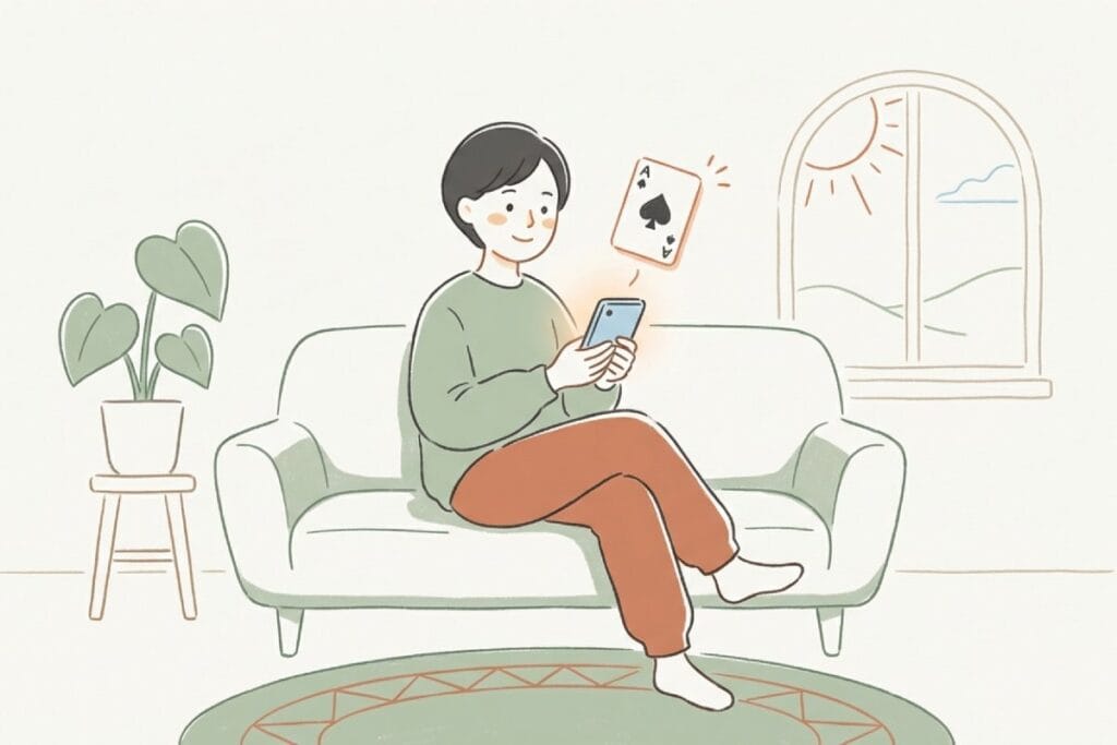 ソファでスマホのブラウザソリティアを起動する人物とエースのカード。登録不要で今すぐ遊べる