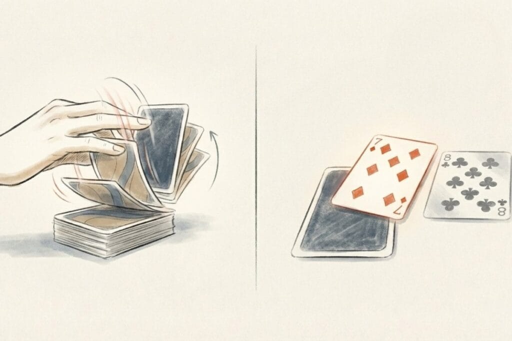 左は山札から複数枚をめくる手、右は1枚だけ見えるカードの対比。ソリティアの1枚めくりと3枚めくりの違いを示す図