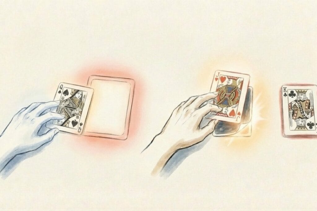 空きスペースと絵札（Q・J・K）を前に、次の一手を選ぶ両手のイラスト。ソリティア1枚めくり攻略の判断ポイントを表現