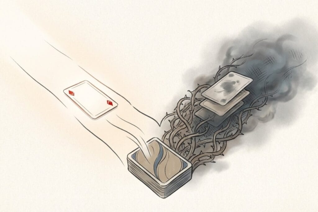 カードの山がトゲに絡まり黒い煙が立つイメージ。ソリティア1枚めくりで詰みやデッドロックが起きる原因を表現