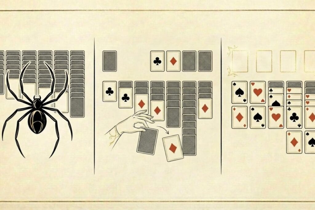 ソリティアの種類比較イメージ：スパイダー・クロンダイク・フリーセルの盤面例を並べた図