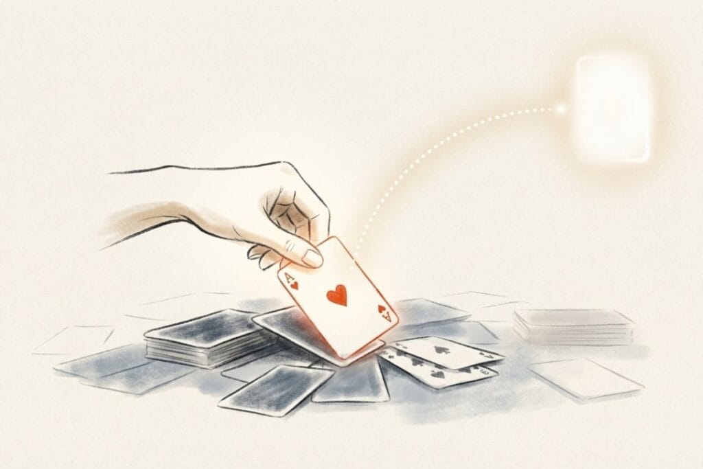 ハートのAを手でつまんで場から動かすイラスト。スマホやアプリで遊ぶソリティア1枚めくりの基本操作とルールを表現