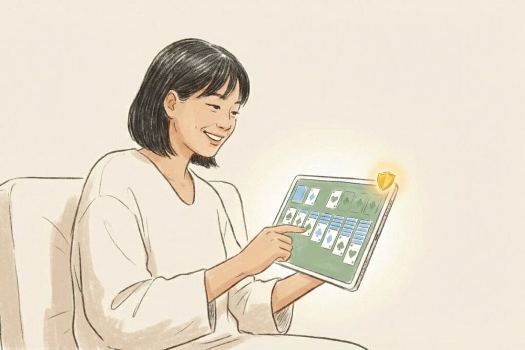 盾マーク付きのタブレット画面でソリティアをプレイする女性。安全に遊べる無料ソリティアサイトのイメージ