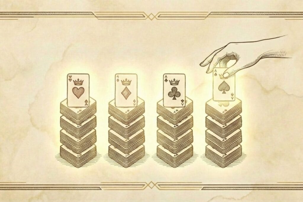 4つの組札（ホームセル）にカードが積まれ、手がエースを置く場面。組札へ送る順序とタイミングの基本