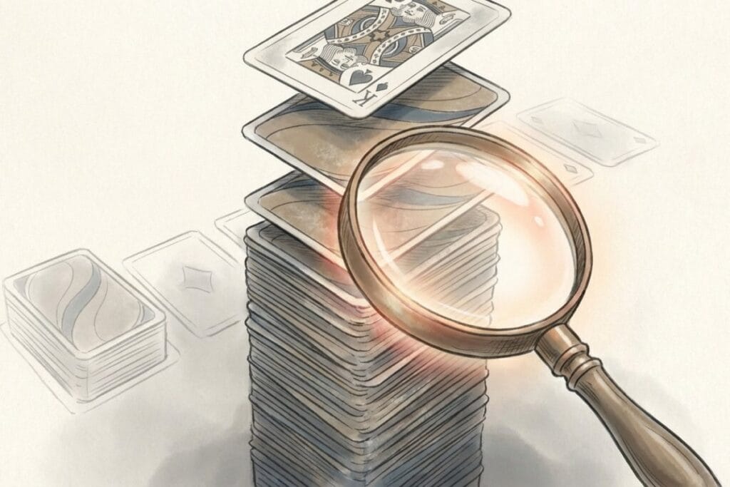 カードの山を虫眼鏡で拡大して調べるイラスト。ソリティア1枚めくりのクリア確率や難易度を分析するイメージ