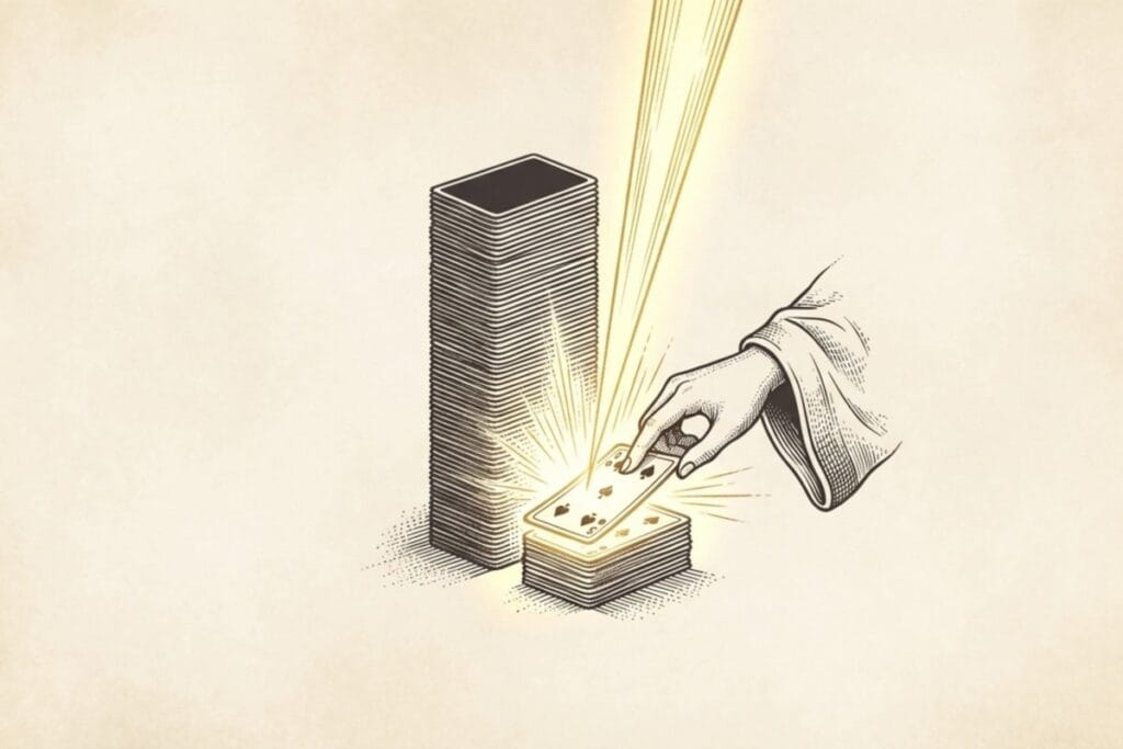 山札からカードをめくって光が差す場面。3枚めくり（Draw 3）の周期を意識した山札操作のコツを表現