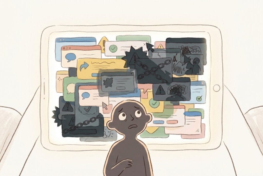 広告や警告ポップアップが大量に表示された画面に困る人物。無料ゲームサイトの過剰広告と偽警告への注意