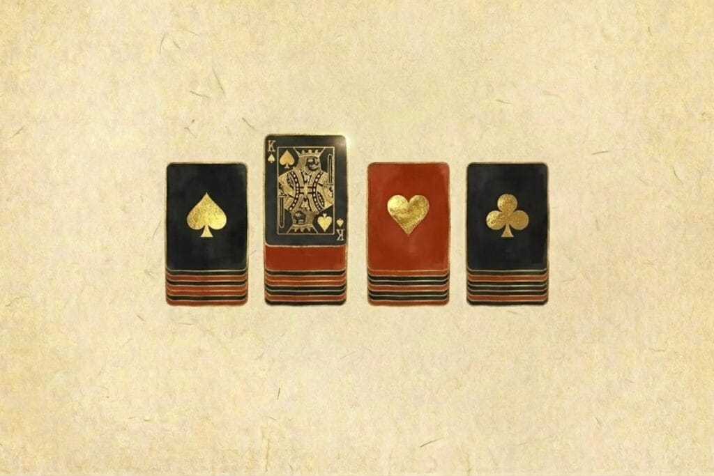 スートの異なるカード束が4列に整列したイラスト（ソリティアでカードをそろえて整理する達成イメージ）