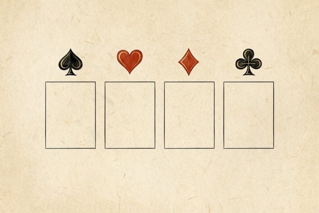 スペード・ハート・ダイヤ・クラブの4つの組札（ファンデーション）枠を示す図（AからKへそろえるゴール）