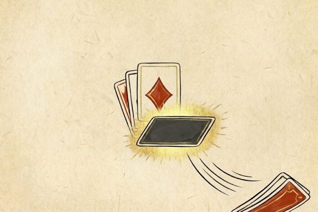 スマホ画面のような端末からトランプが飛び出すイメージ（ソリティアをアプリやスマホで遊ぶプレイ環境）