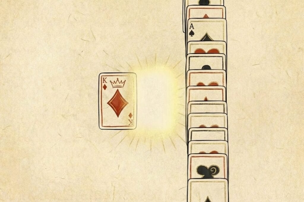 ダイヤのキングが強調され、縦に重なったカード列が描かれた図（空列にキングを置く場面を想起する配置）