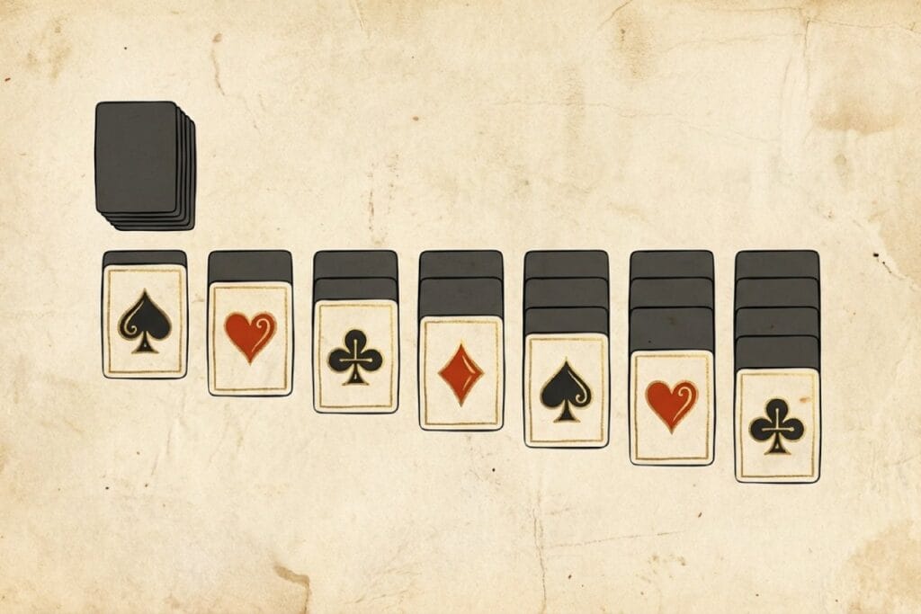 ソリティア（クロンダイク）の場札が7列に並び、山札が左上にある初期配置のイメージ図（基本ルールの盤面）